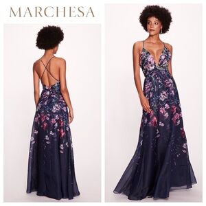 Marchesa Notte Ribbons Floral-Print Chiffon Gown
